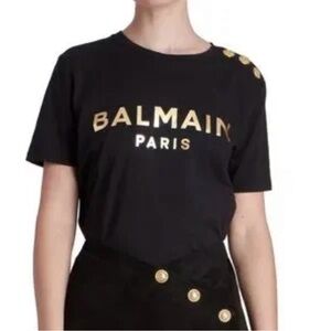Balmain Black Tee with Gold Button Detail